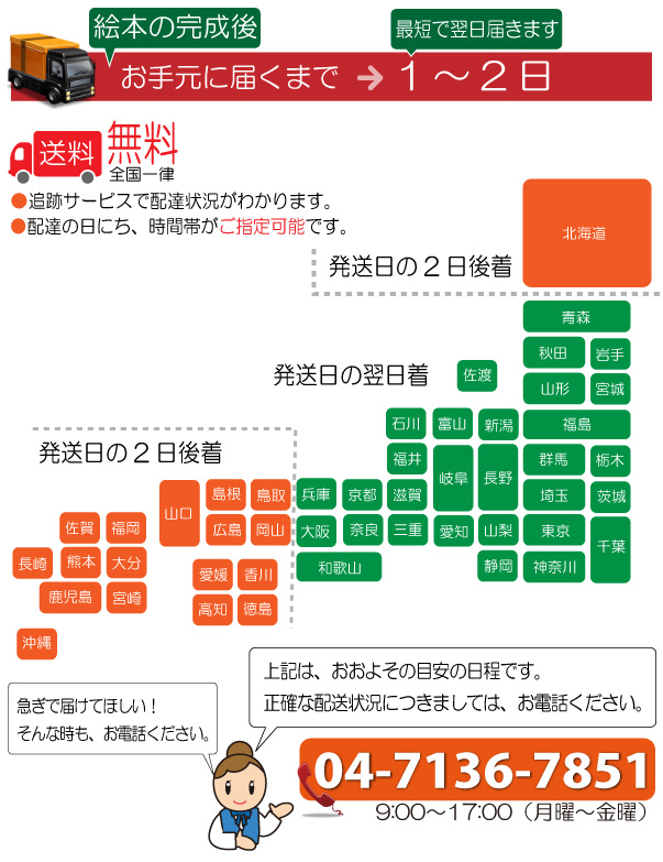 絵本の完成後お手元に届くまで→1〜2日／最短で翌日届きます